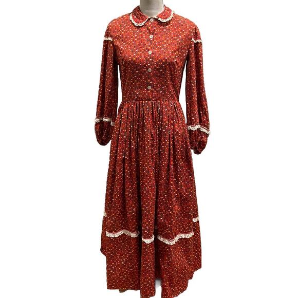 VTG Handmade Prairie Maxi Dress Red Calico Tiered + Bonnet Long Sleeve Sz Small - Picture 12 of 15